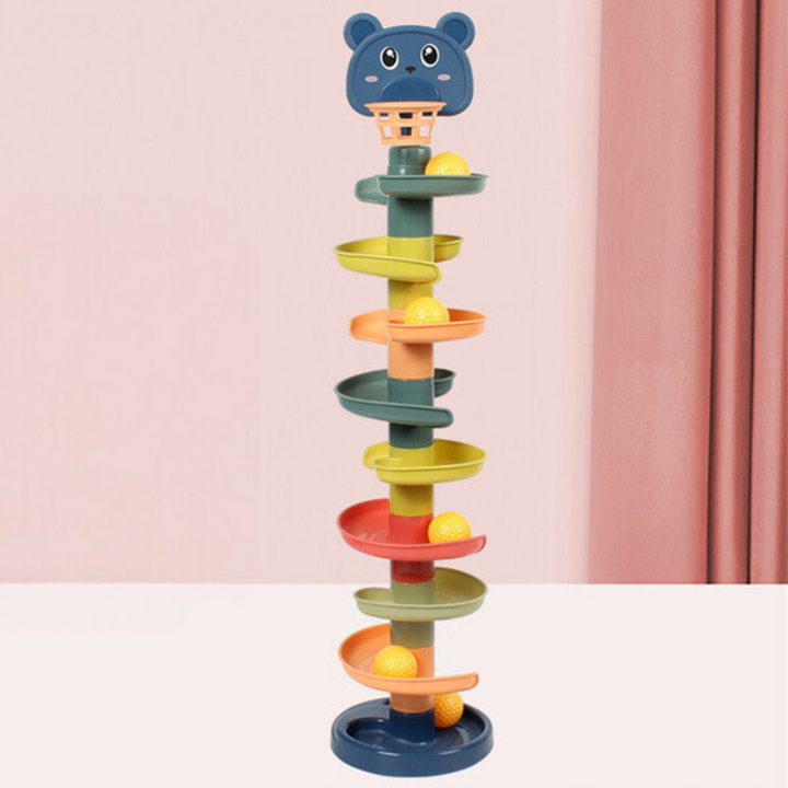 Detailed view of spinner toy tracks on the educational ball tower