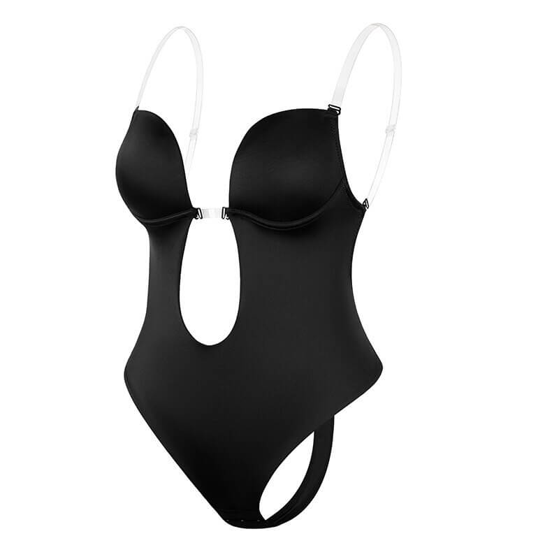 Black backless body shaping bodysuit on display