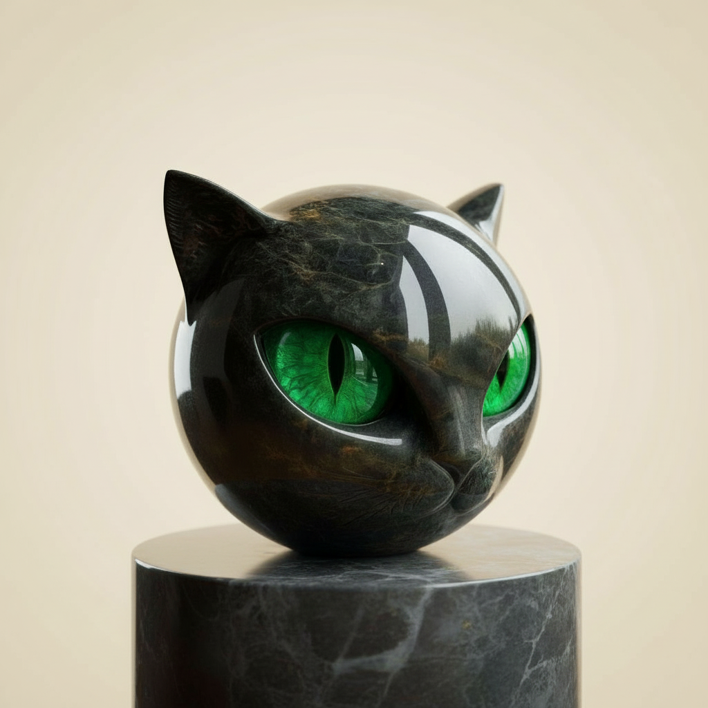 Close-up of the NoirCat sculpture featuring vibrant green hypnotic eyes on a marble pedestal