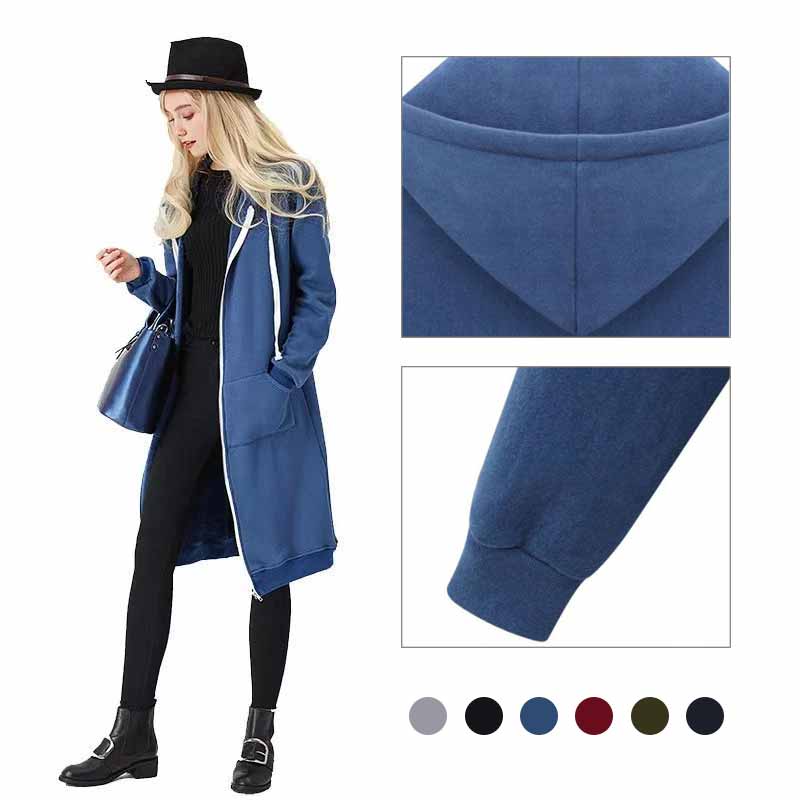 Close up of zipper detail on long hooded cardigan for women