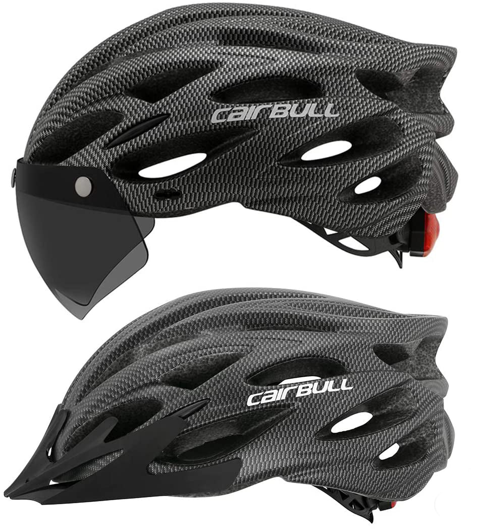 Side profile of the carbon pattern cycling helmet featuring a dark magnetic visor and rear light