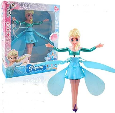 Colorful flying fairy doll hovering safely away from obstacles