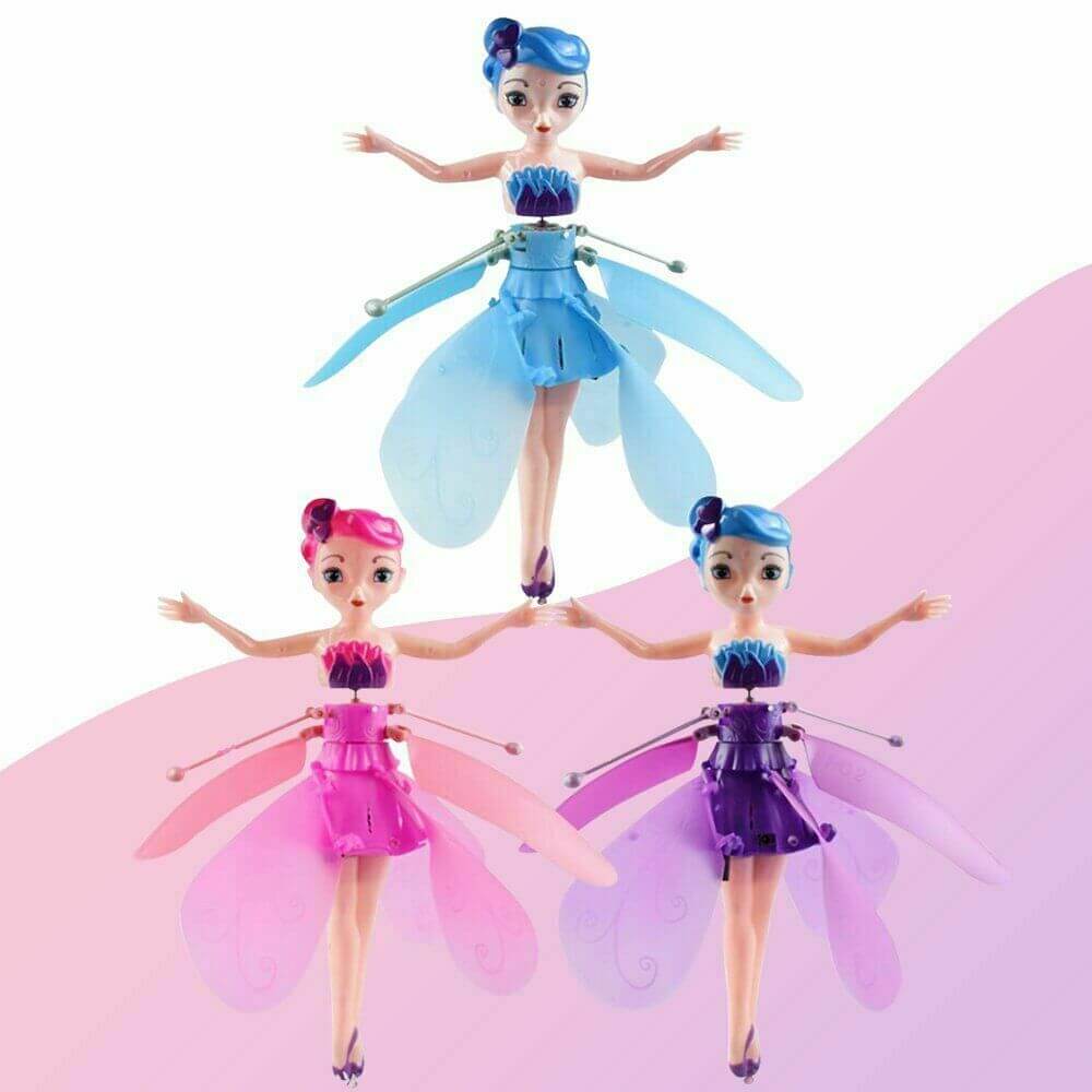 Assorted blue, pink, and purple flying fairy dolls displayed together