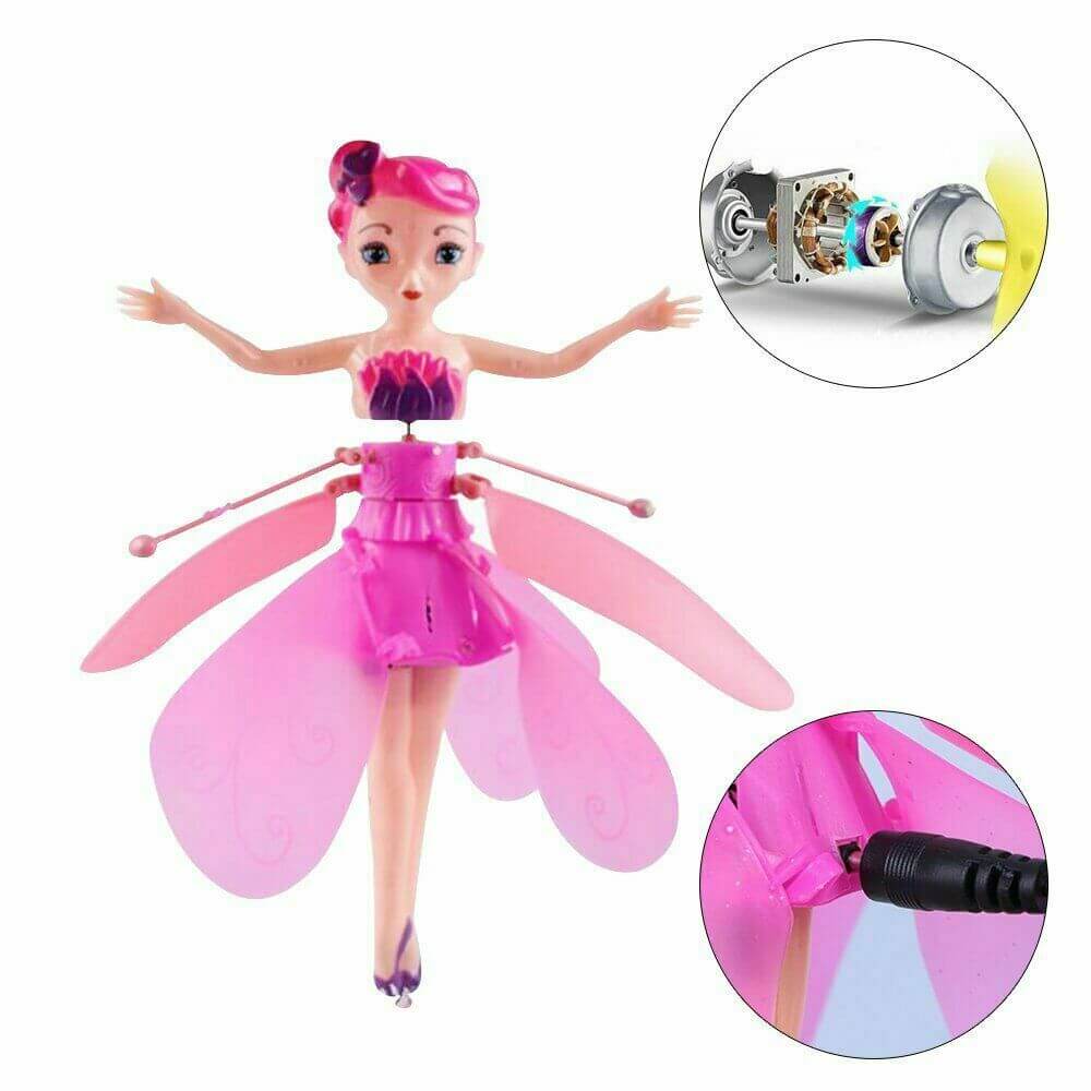 Close-up of flying fairy doll wings and electronic sensor mechanism