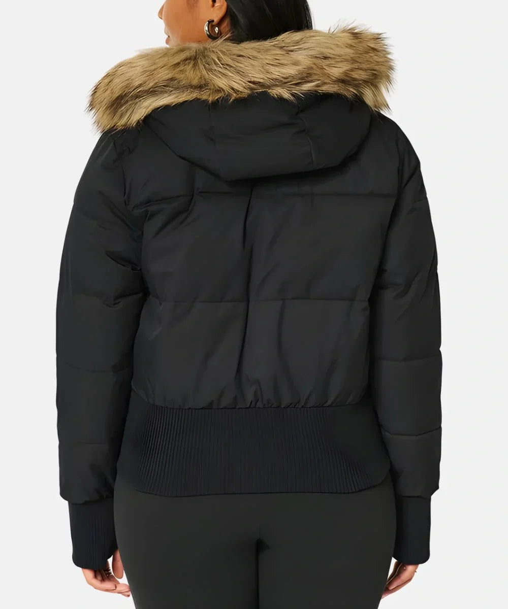 Close-up of the plush faux fur hood on the women's winter coat