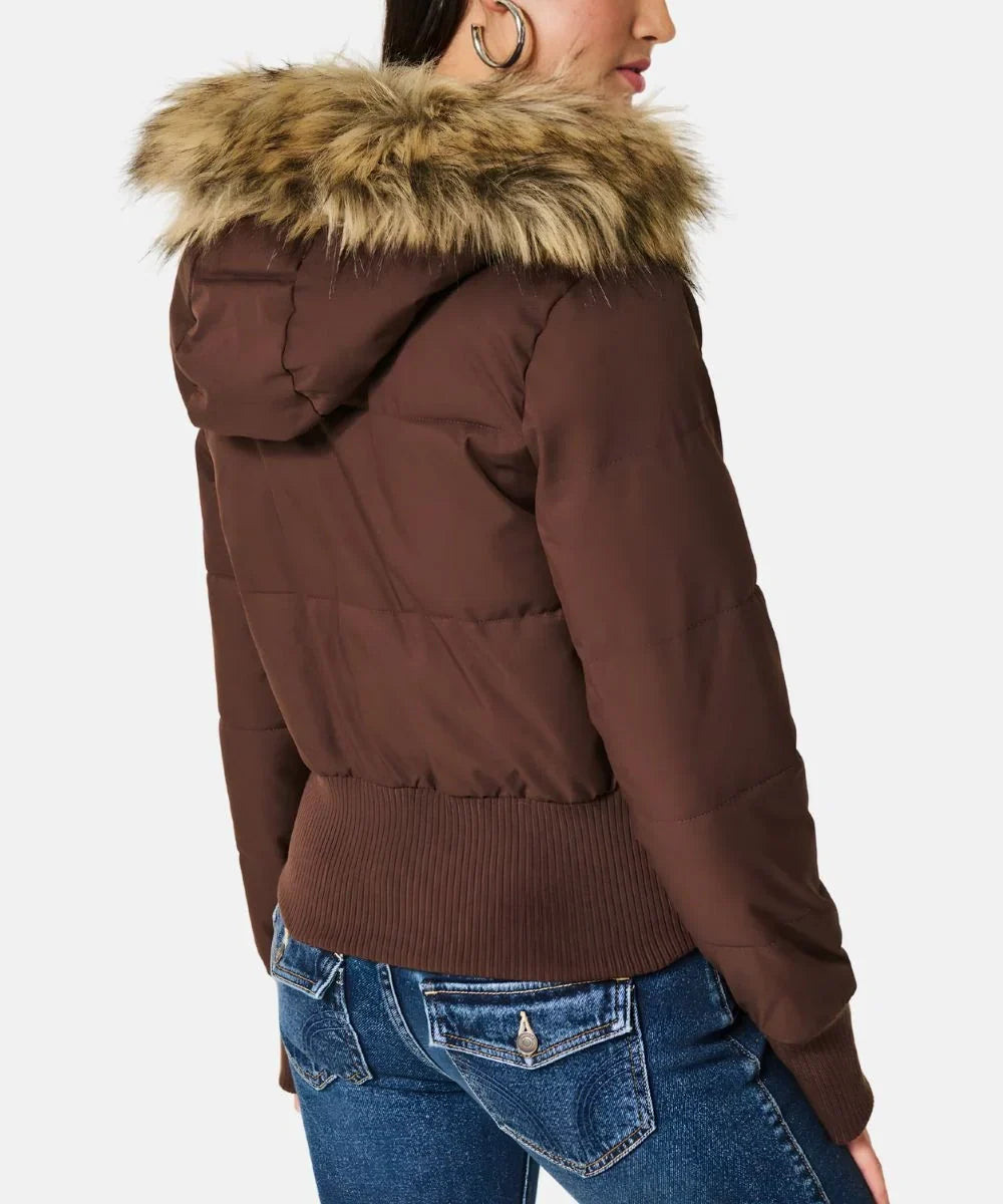 Hanging view of the women's winter puffer jacket showcasing full length