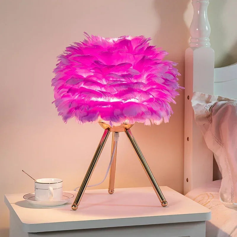 Goose Down Table Lamp with pink ambient light on bedroom table