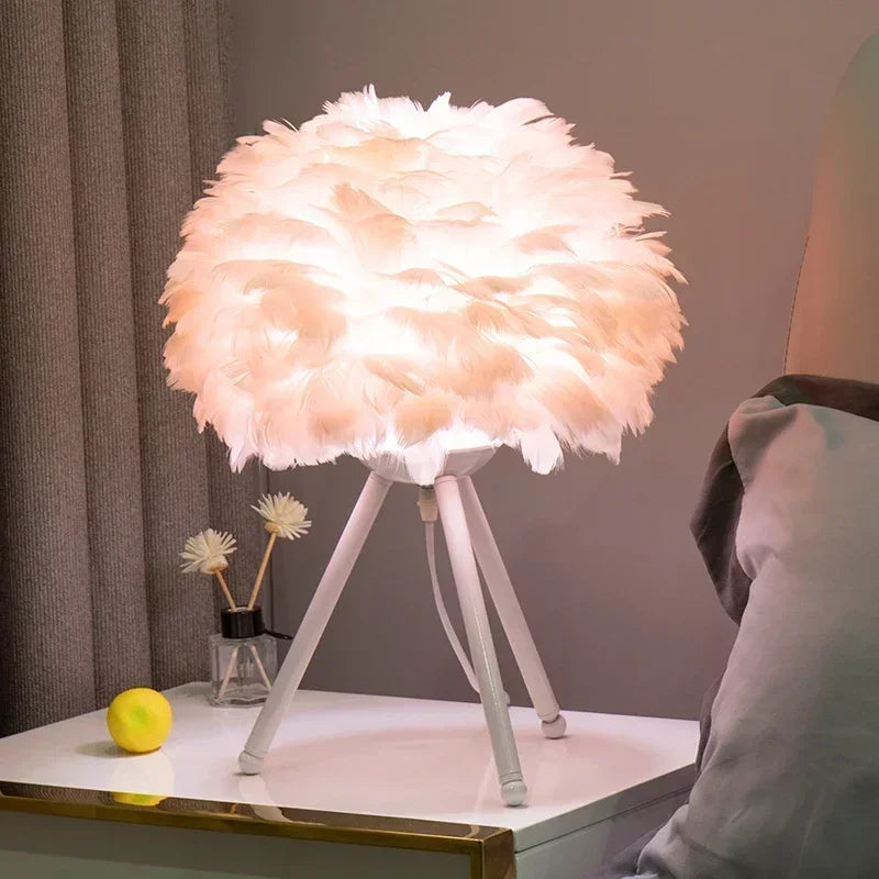 Goose Down Table Lamp with white base on nightstand