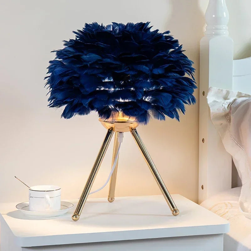 Bedside table lamp with soft goose down feather shade for cozy bedroom lighting