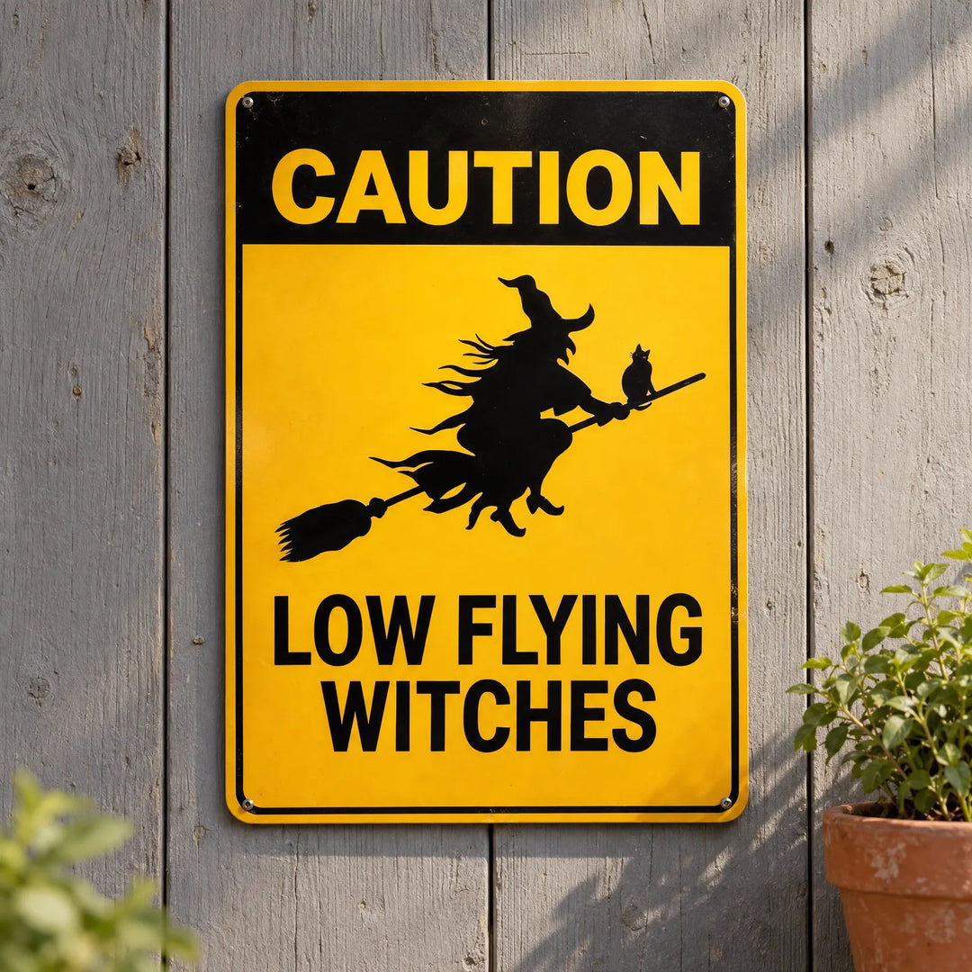 Caution low flying witches metal Halloween warning sign mounted on a rustic wooden fence
