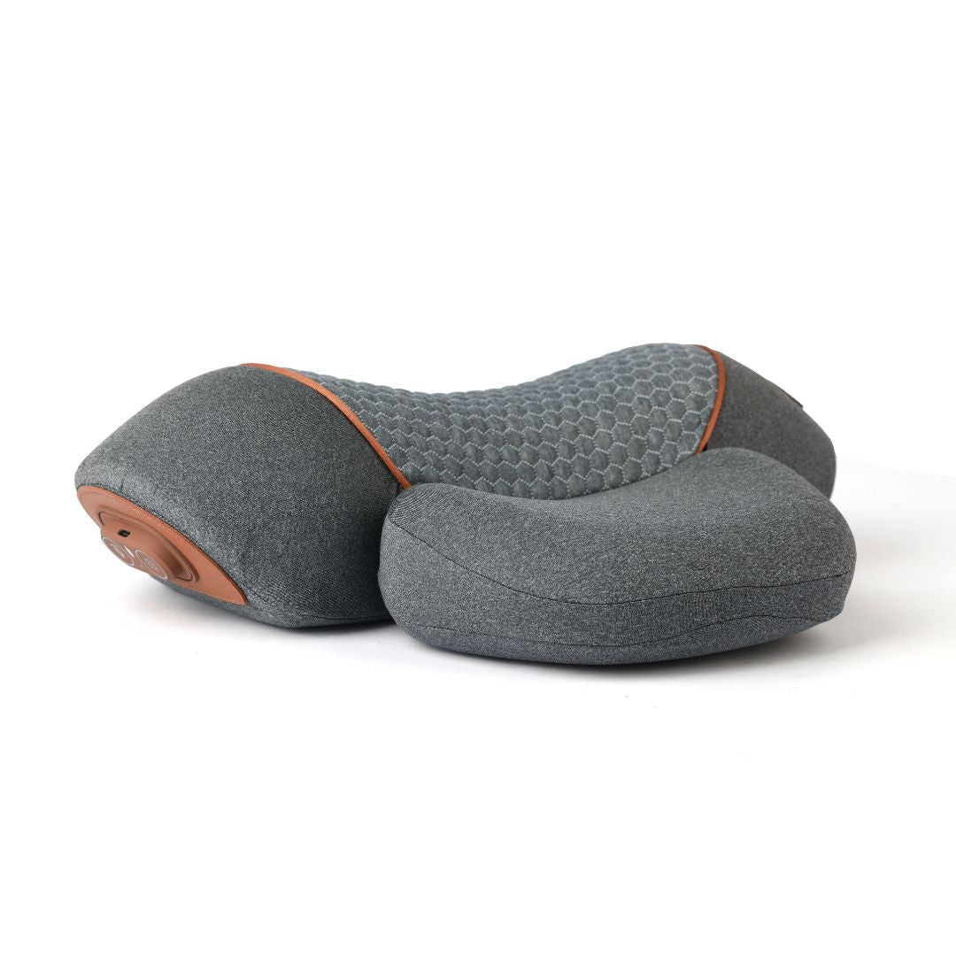 Grey ergonomic heated neck massager pillow with structured contour design