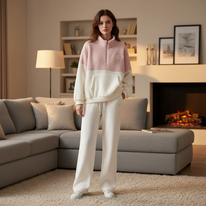 Model wearing a pink and white fleece loungewear set standing in a cozy living room