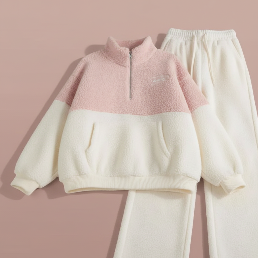 Flat lay of a plush pink and white fleece loungewear set against a neutral background