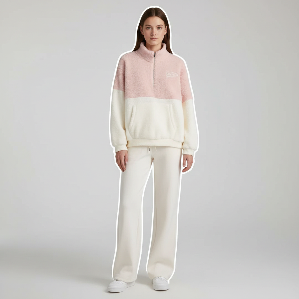 Cozy women's fleece loungewear set featuring a soft pullover and matching pants for winter.
