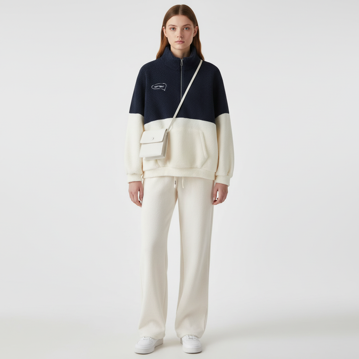 Close-up of the plush fleece fabric on the stylish womens winter loungewear sweatsuit.