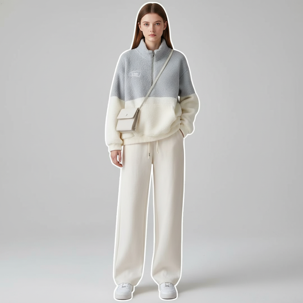 Full view of the casual wide leg pants and comfortable top from the fleece loungewear outfit.