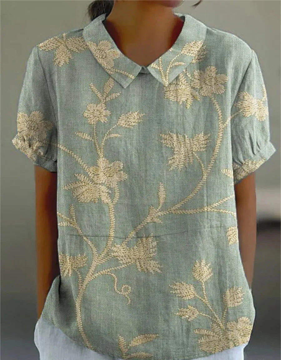 Green short sleeve vintage floral blouse with collar