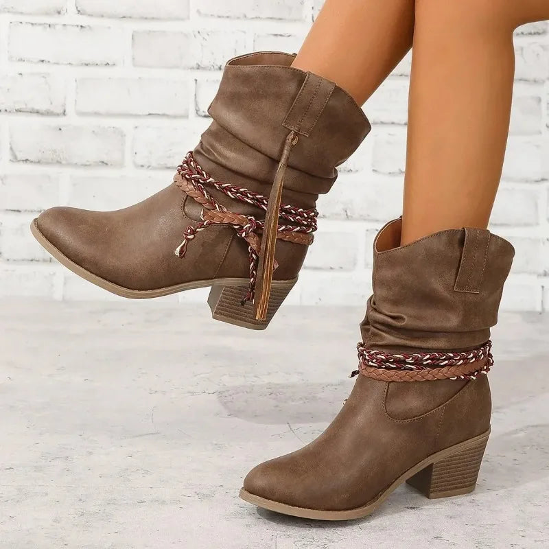 Side view of dark brown water-resistant western boots with block heel