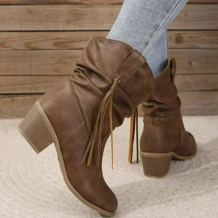 Pair of trendy womens cowboy boots viewed from the back angle