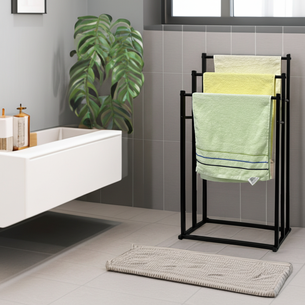 Freestanding black steel towel rack holding colorful towels in a modern bathroom