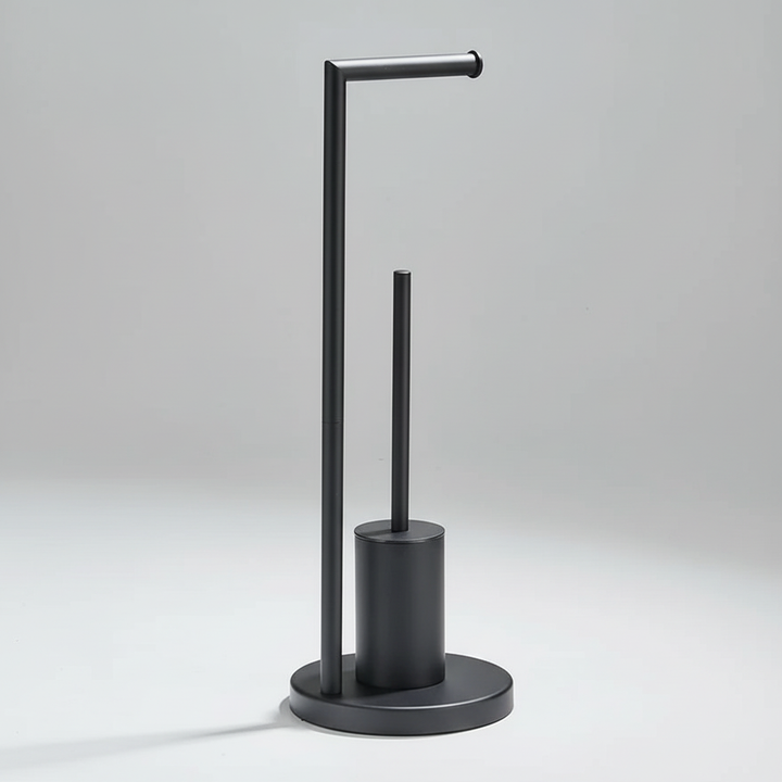 Studio shot of the NeatRoller black toilet roll holder and integrated brush against a neutral grey background