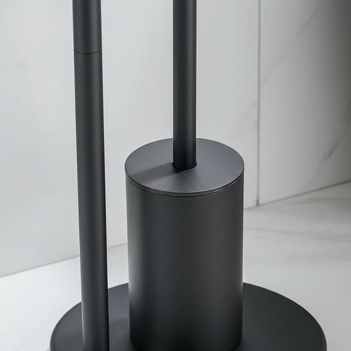 Close-up detail shot of the integrated toilet brush canister and sturdy base of the black NeatRoller stand