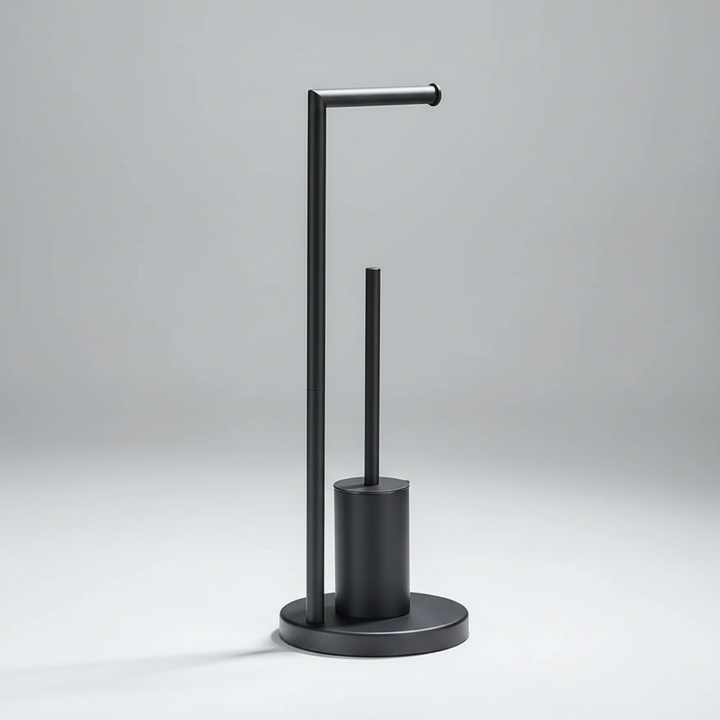 Minimalist toilet roll holder and brush set in matte finish