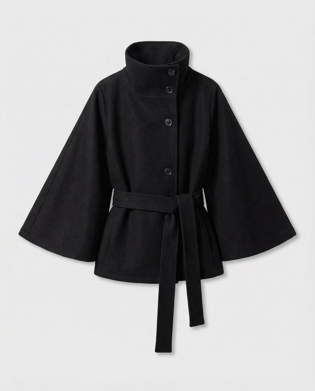 Product flat lay of black high-collar belted wrap jacket