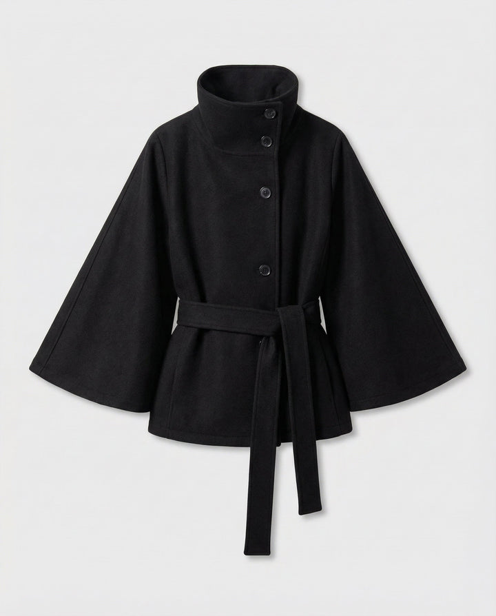 Product flat lay of black high-collar belted wrap jacket
