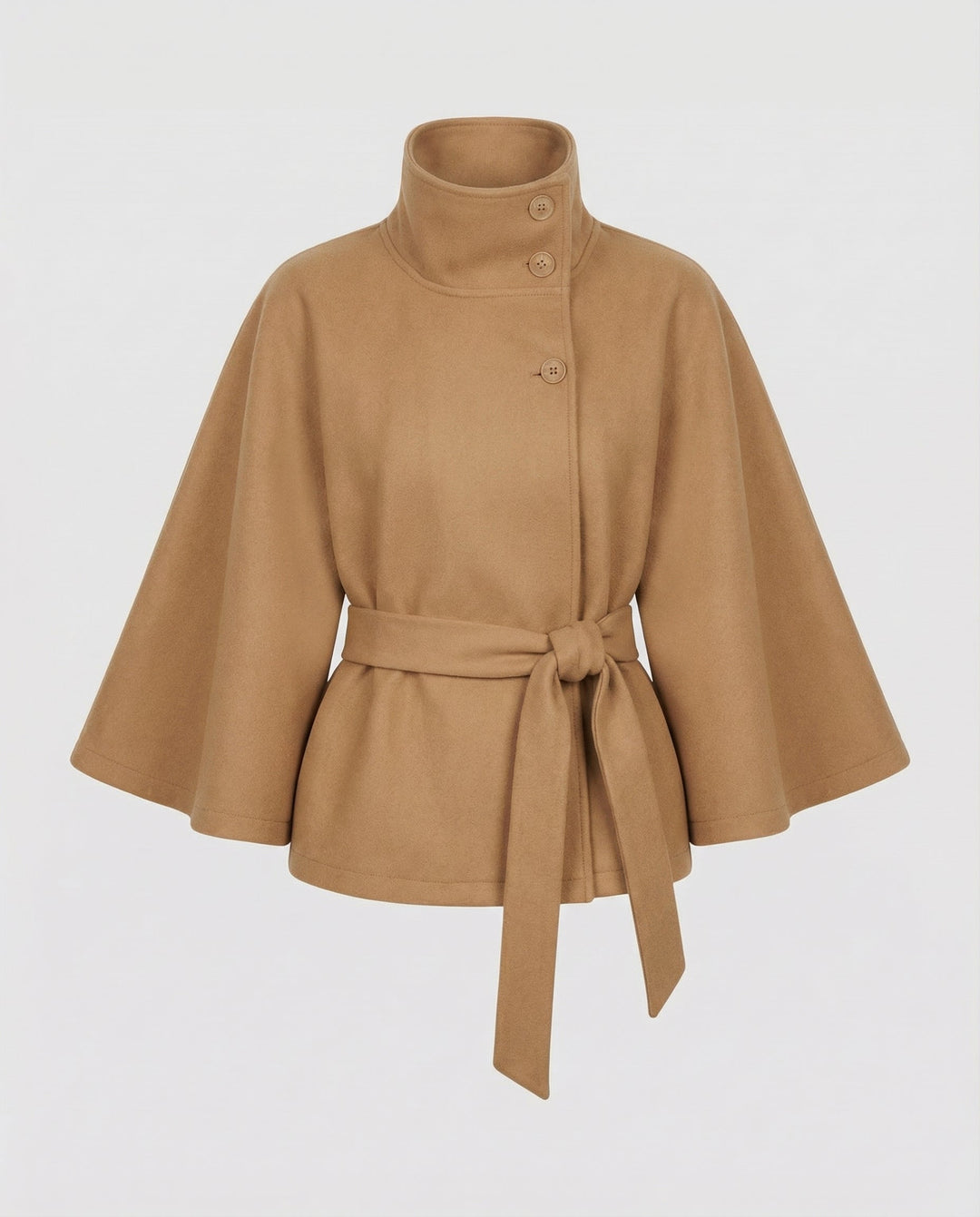 Close-up of the high collar and button details on the women's wrap jacket