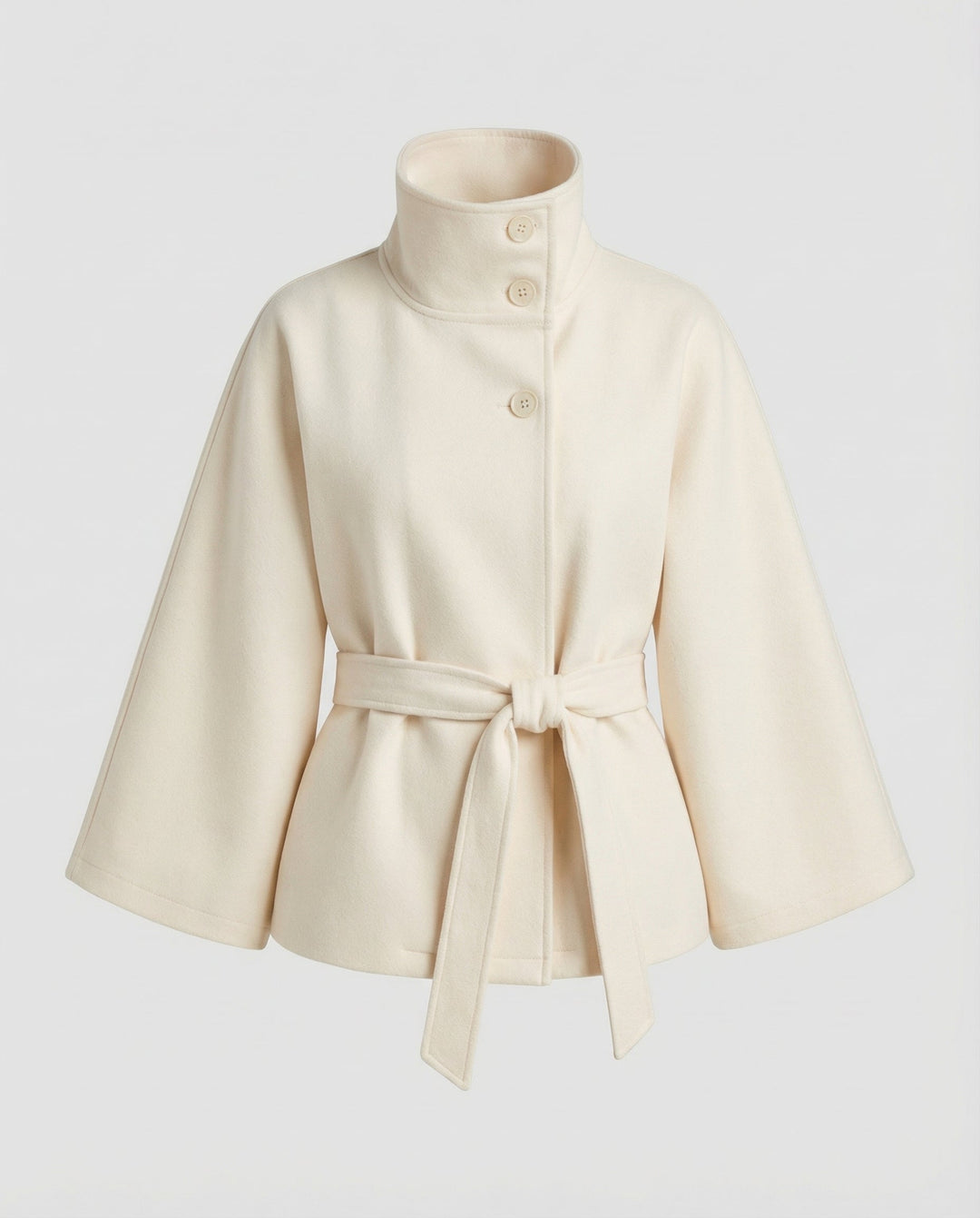 Side profile of the belted wrap jacket showing tailored winter silhouette