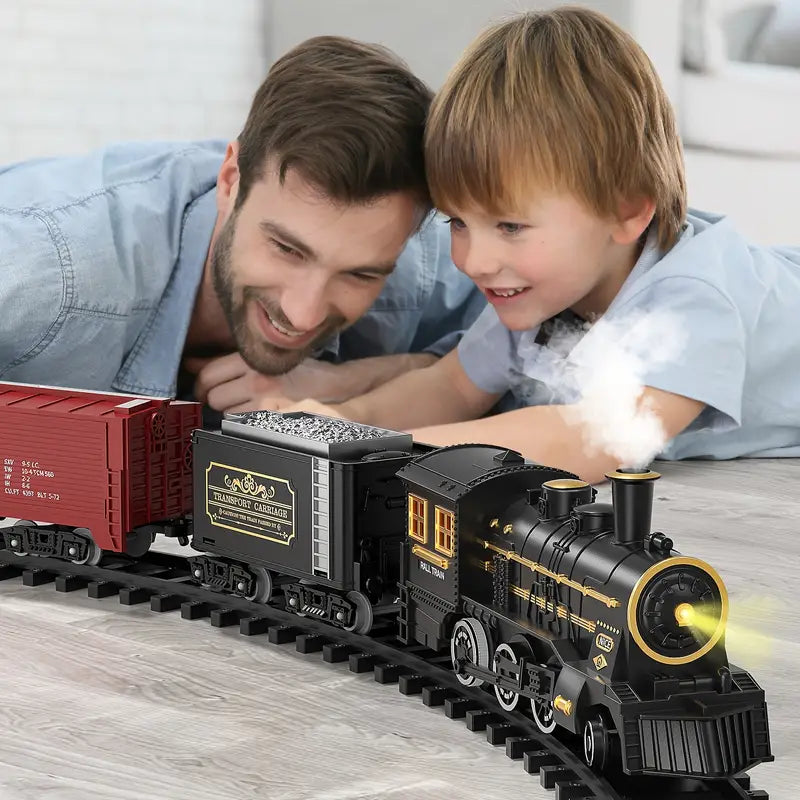 Father and son playing together with the electric Christmas train set on the floor