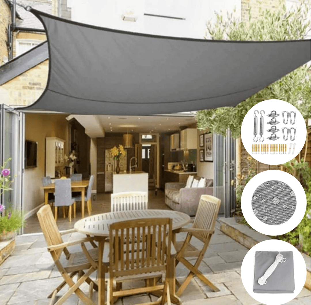 Grey sun shade sail installed over a modern patio with dining furniture and inset hardware and fabric details