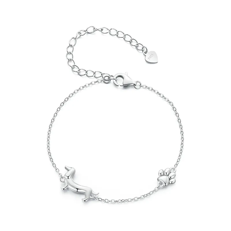Sterling silver dachshund and paw print charm bracelet