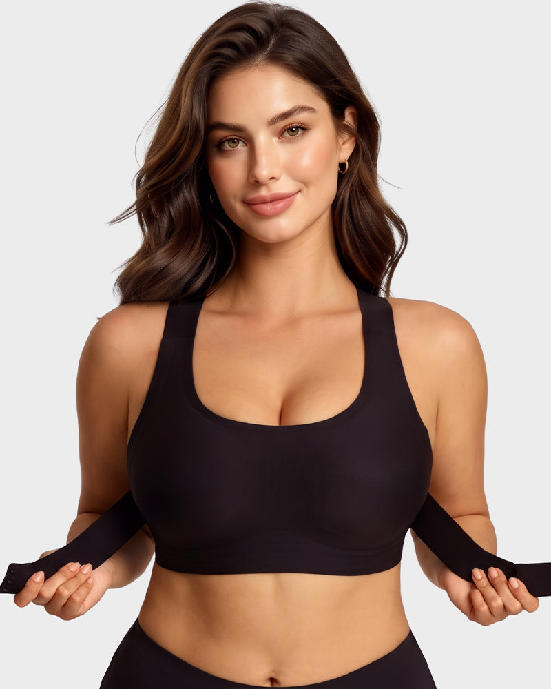 Detailed shot of front closure clasps on a supportive women's bra
