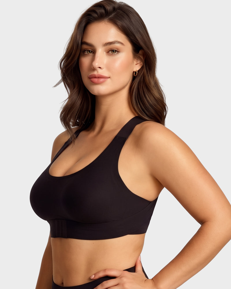Side profile of women's wireless posture bra showing comfortable band
