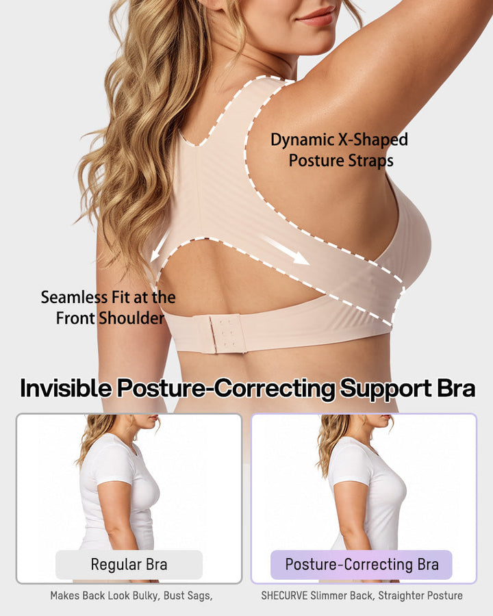 Close-up of woman's back showing dynamic X-shaped posture correction straps on beige bra