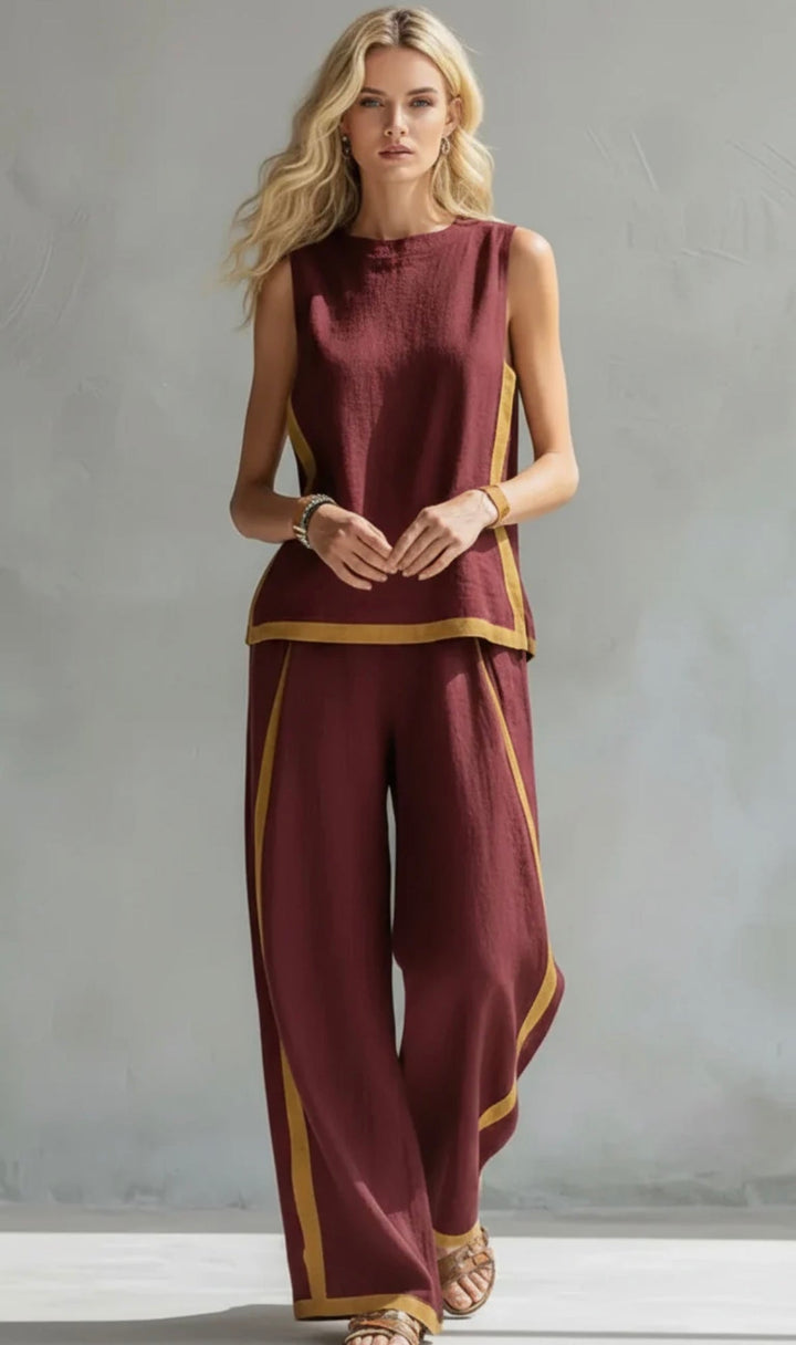 Womens fashion summer outfit with a sleek sleeveless top and wide leg pants