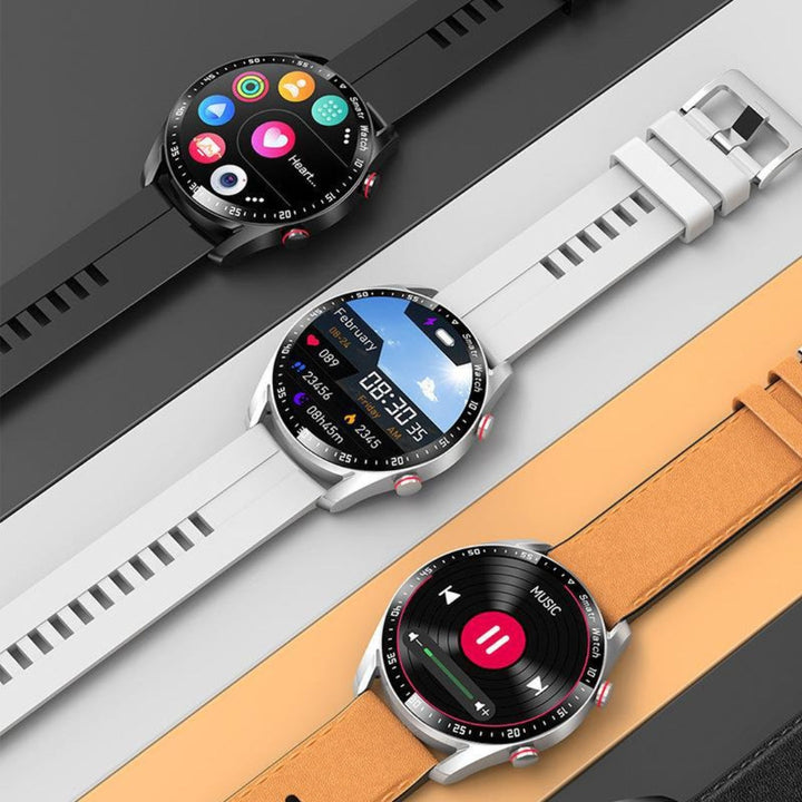 Three smartwatches showcasing different band colors and circular displays