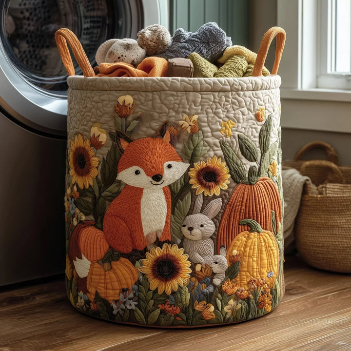 Detailed close-up of quilted storage basket showcasing sheep design and stitching