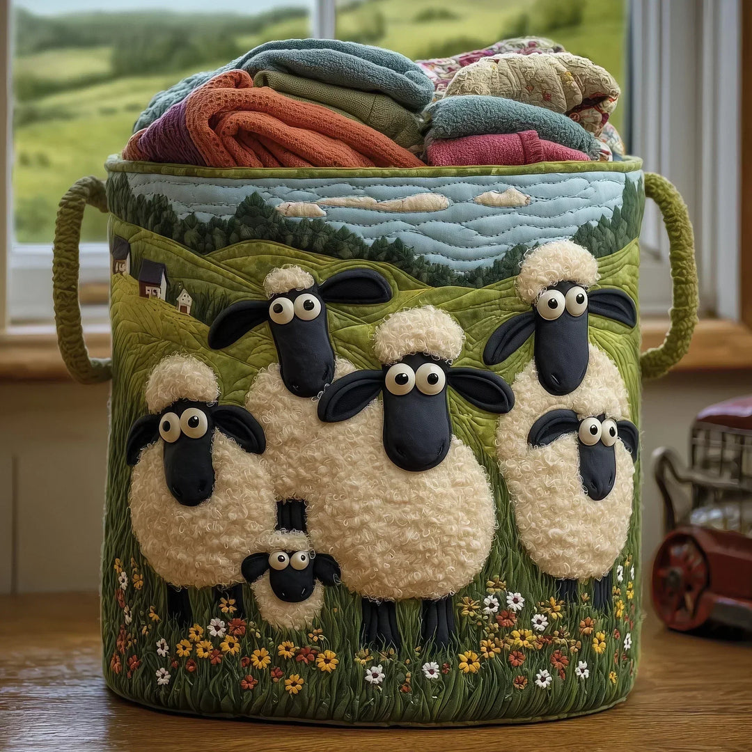 Woolly Meadow design quilted storage basket with sheep appliques filled with blankets