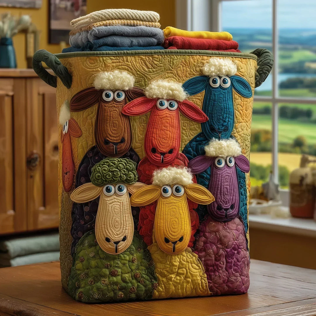 Colorful variety options of sheep patterned storage baskets displayed indoors