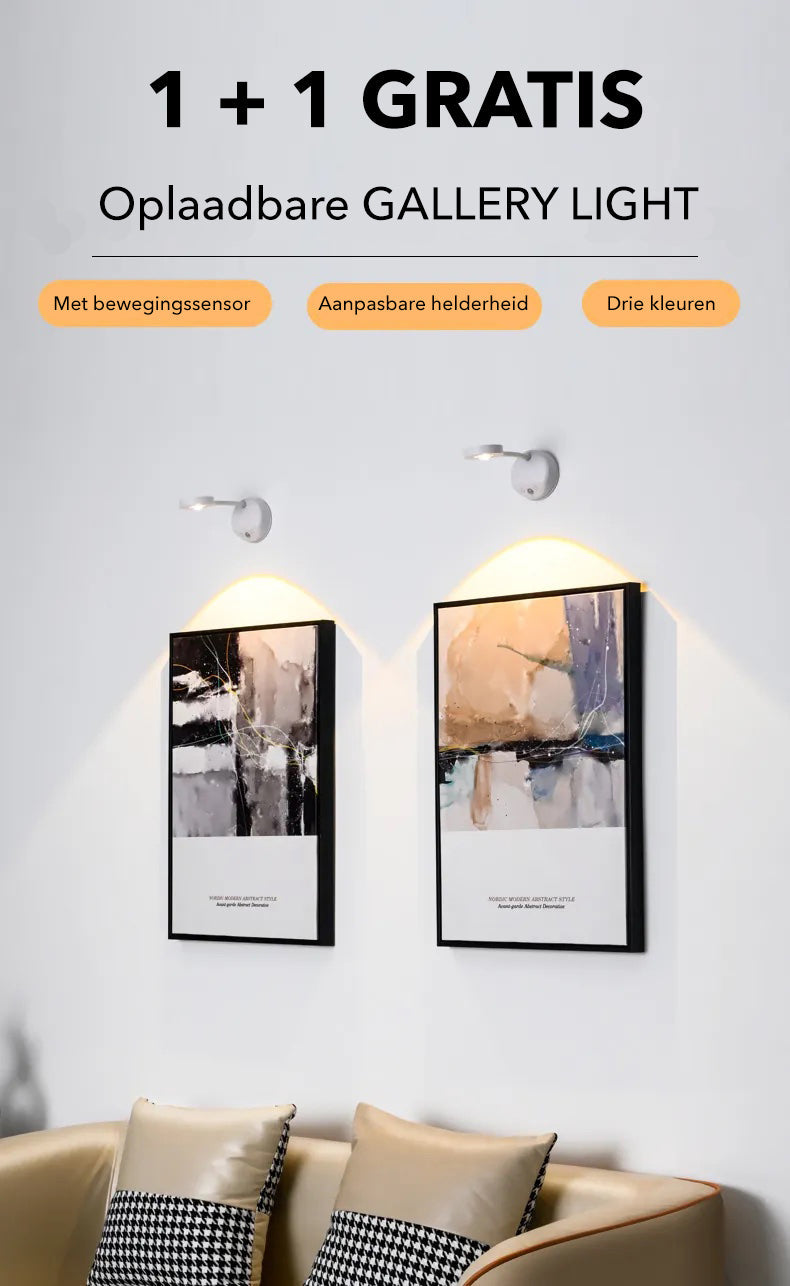 Cordless wall lamps illuminating abstract artwork above a sofa