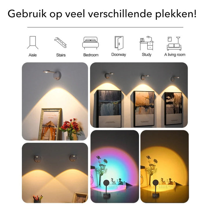 Wireless wall lamp illuminating a framed painting with warm LED glow