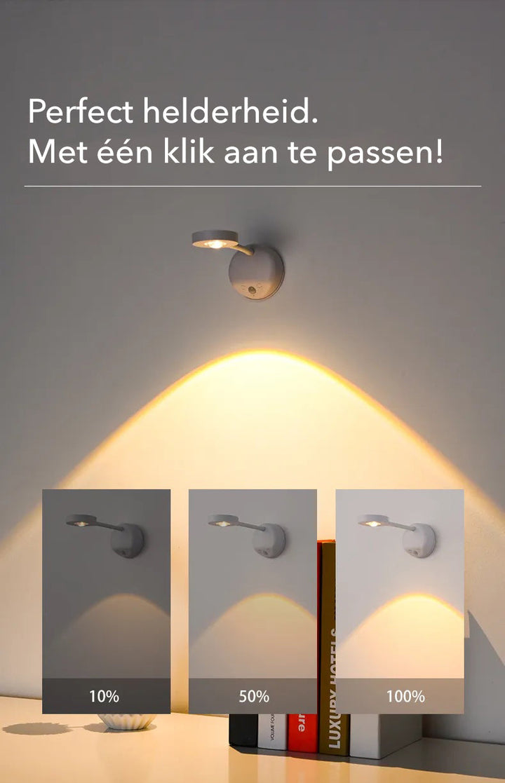 Close-up of the wall lamp showing different adjustable brightness levels