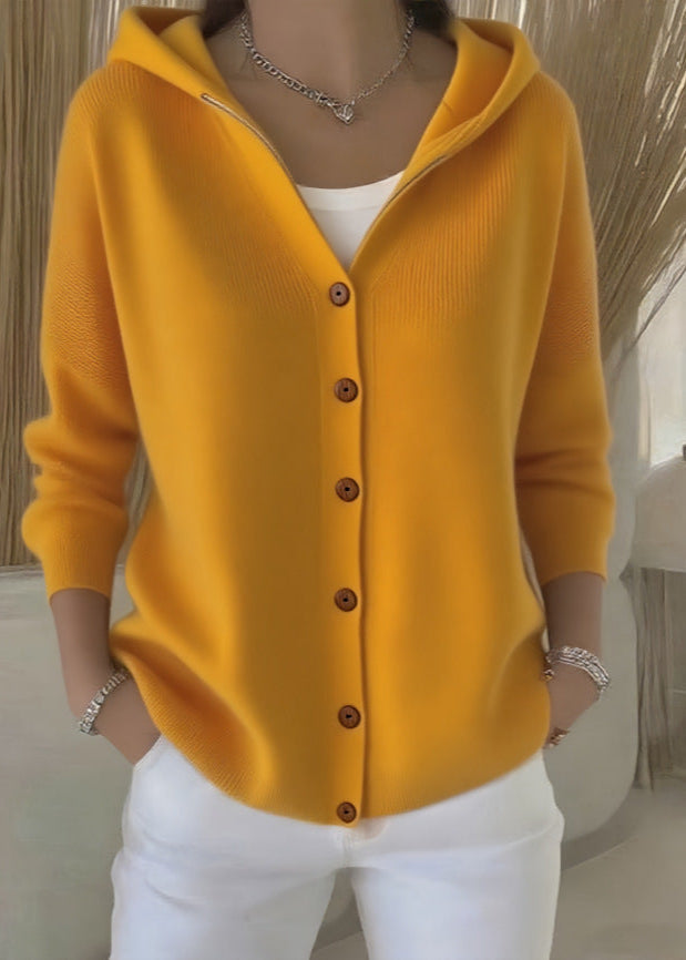 Back view of casual women's hooded knit cardigan sweater