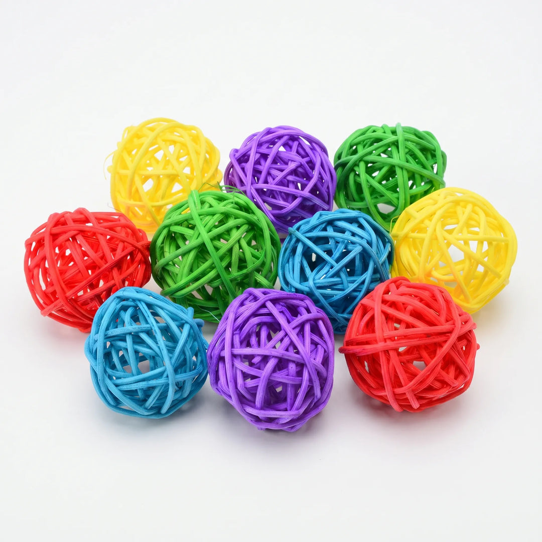 Colorful assortment of braided rattan chew balls for birds