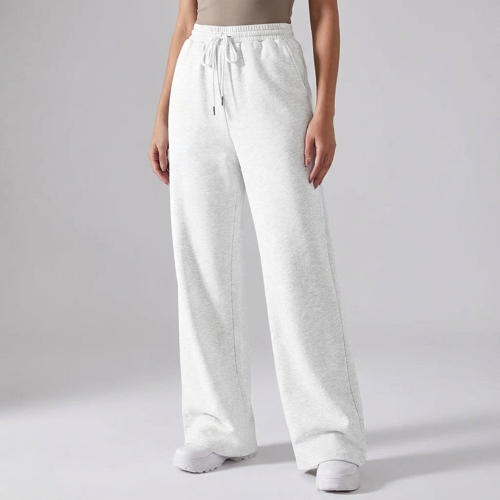 Full view of women's grey wide-leg lounge pants with drawstring waist