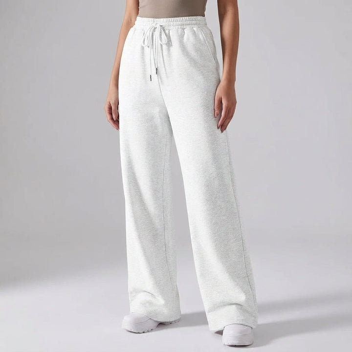 Full view of women's grey wide-leg lounge pants with drawstring waist