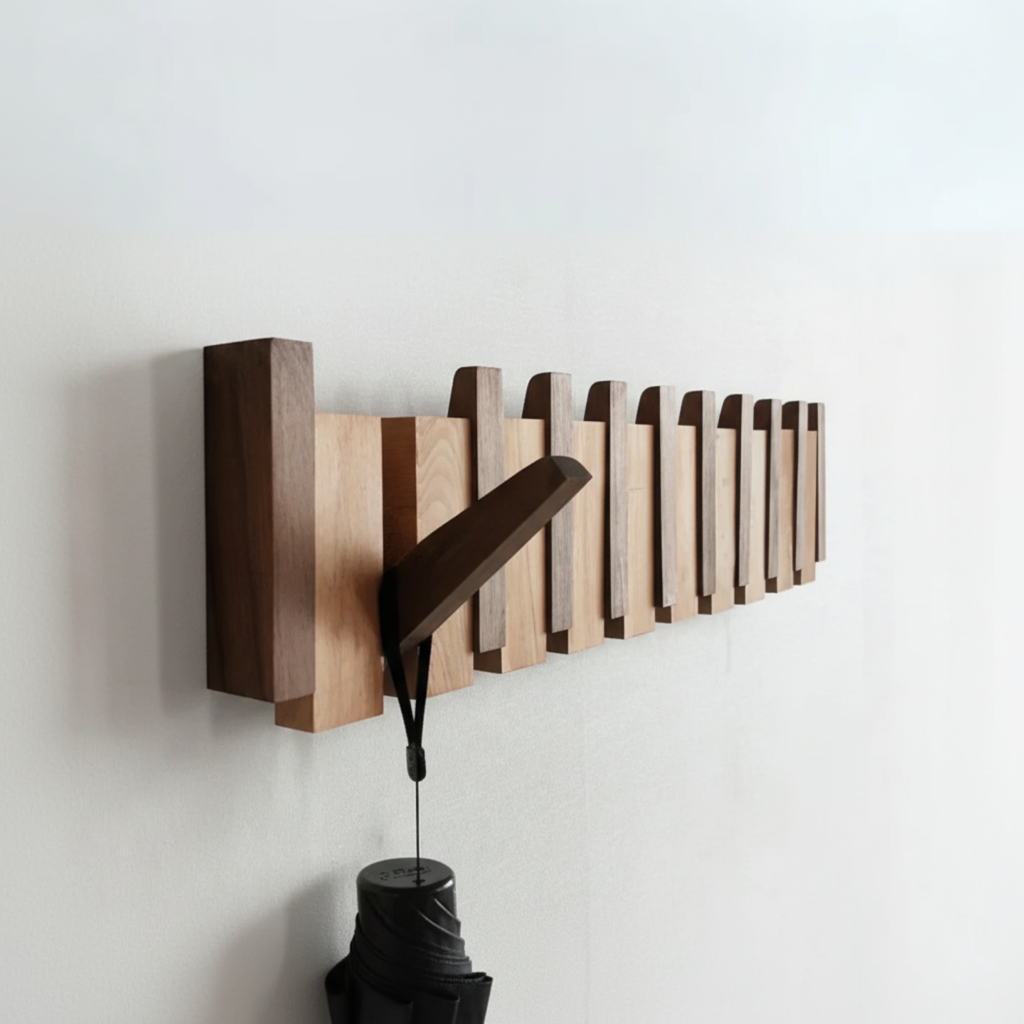 Wooden piano coat rack mounted on a white wall holding an umbrella